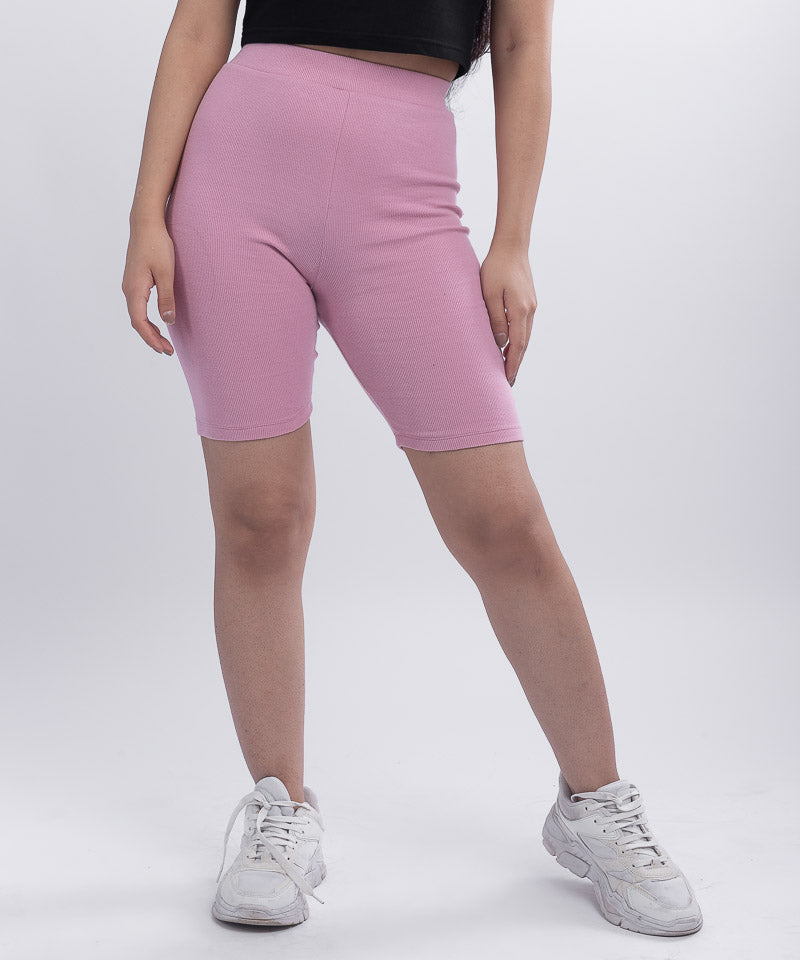 Ribbed long cycling shorts - Rose pink