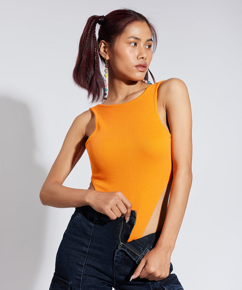 Ribbed Wide Shoulder Thong Body Suit - Neon- orange