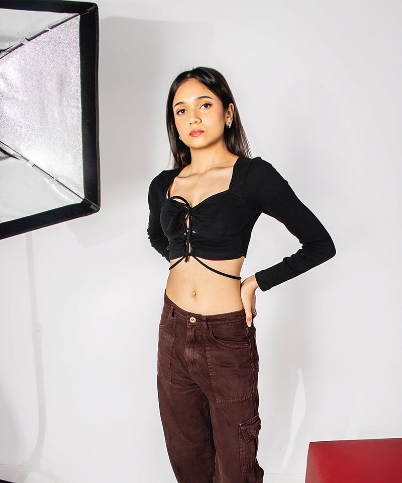Ribbed crop front detail top - Black