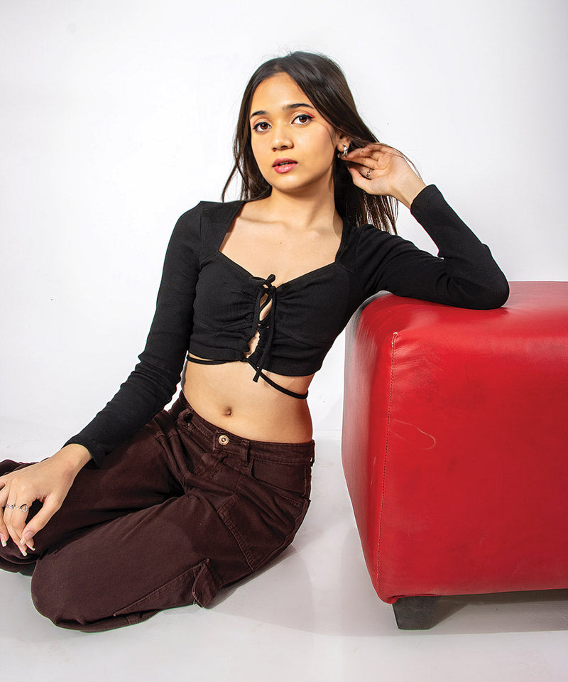 Ribbed crop front detail top - Black