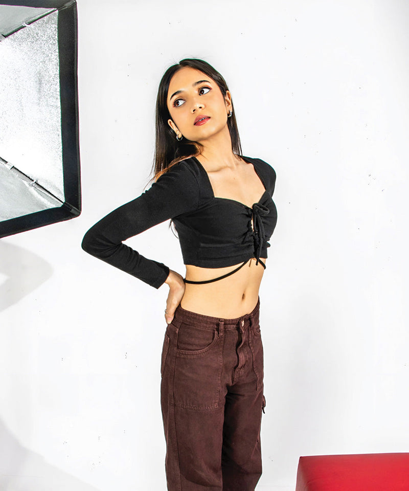 Ribbed crop front detail top - Black