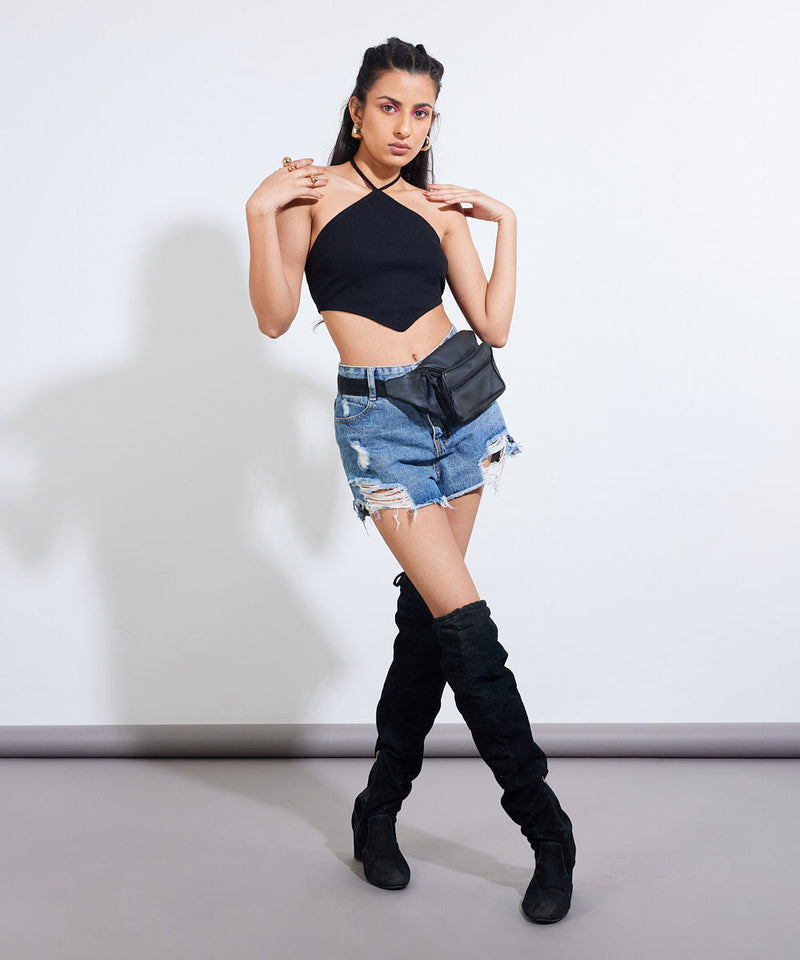 Ribbed A-Line Crop Top - Black