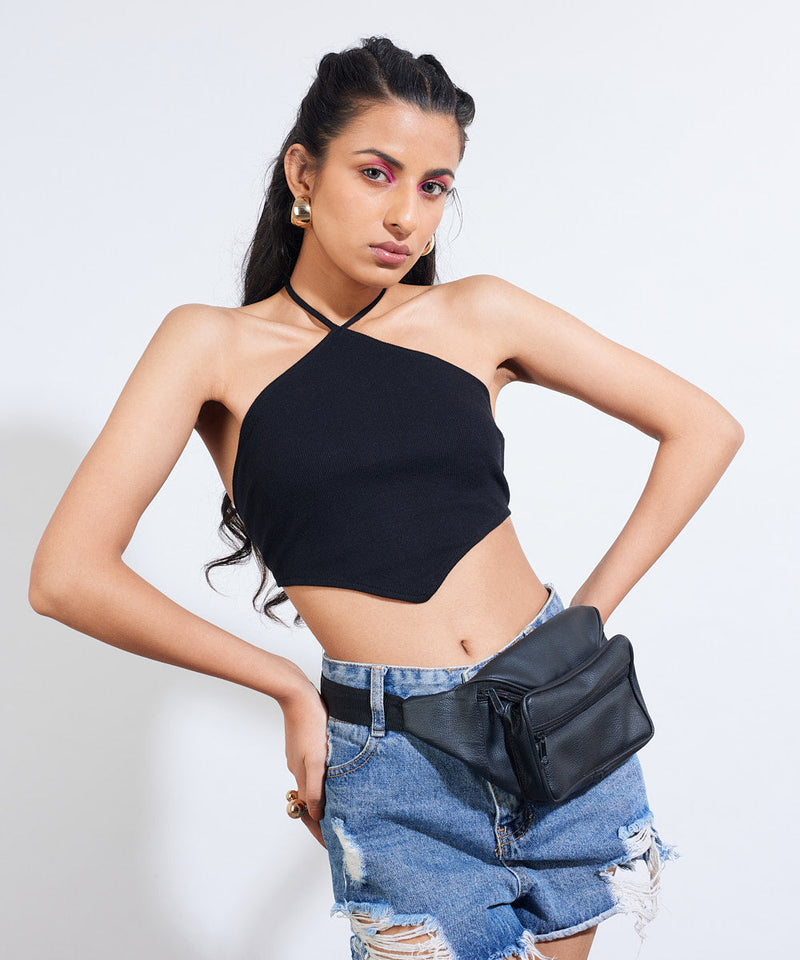 Ribbed A-Line Crop Top - Black