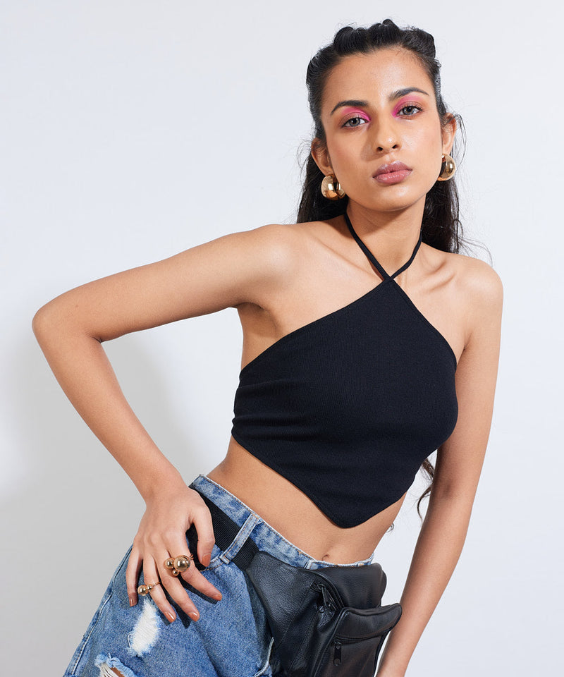 Ribbed A-Line Crop Top - Black