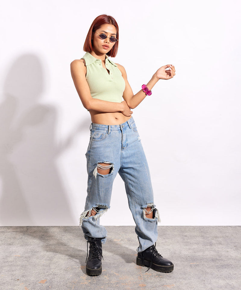 Ribbed Collared Sleeveless Top -  Pastel green
