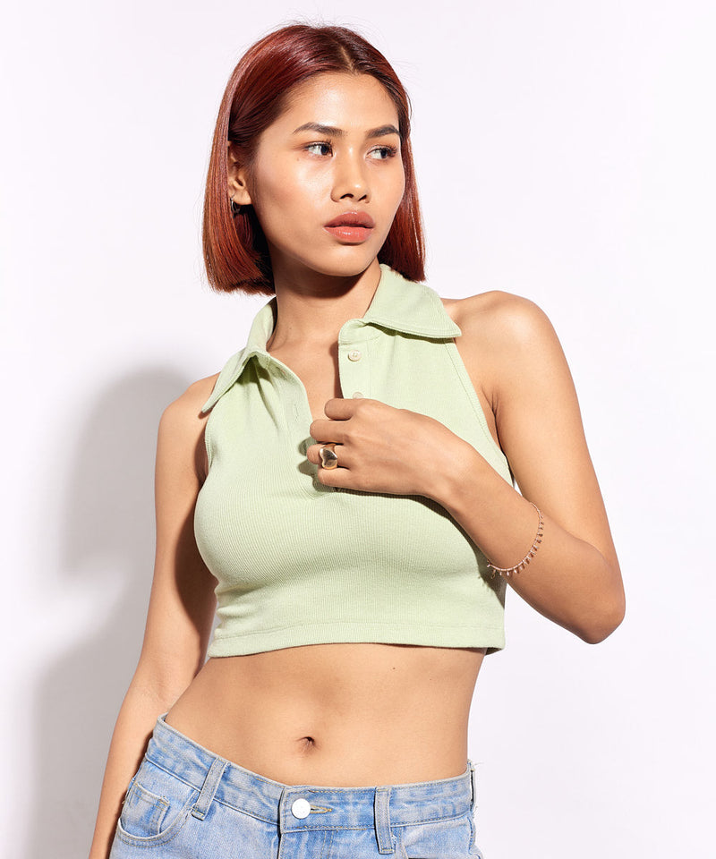Ribbed Collared Sleeveless Top -  Pastel green