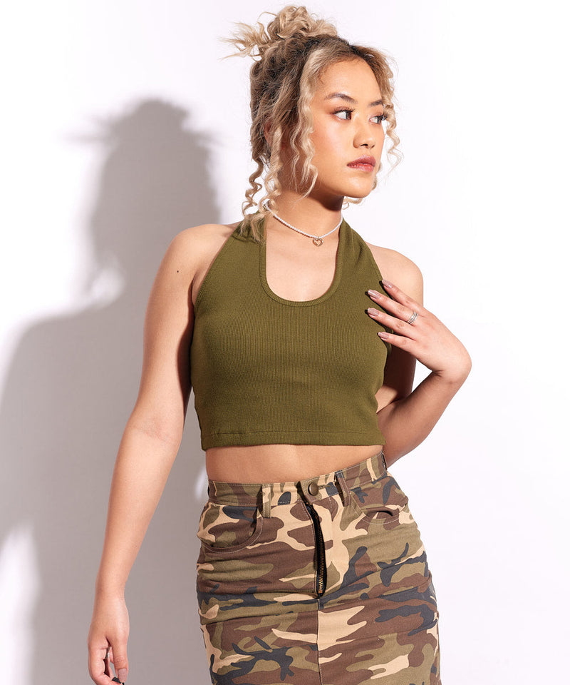 Ribbed HalterNeck Crop Top - Olive green