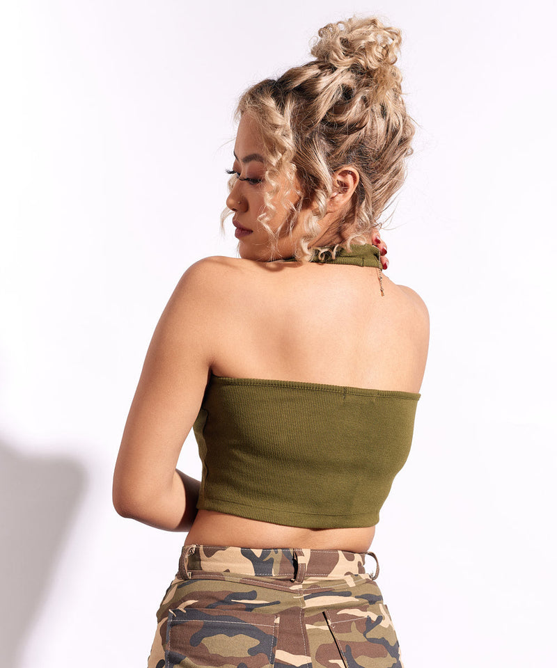 Ribbed HalterNeck Crop Top - Olive green