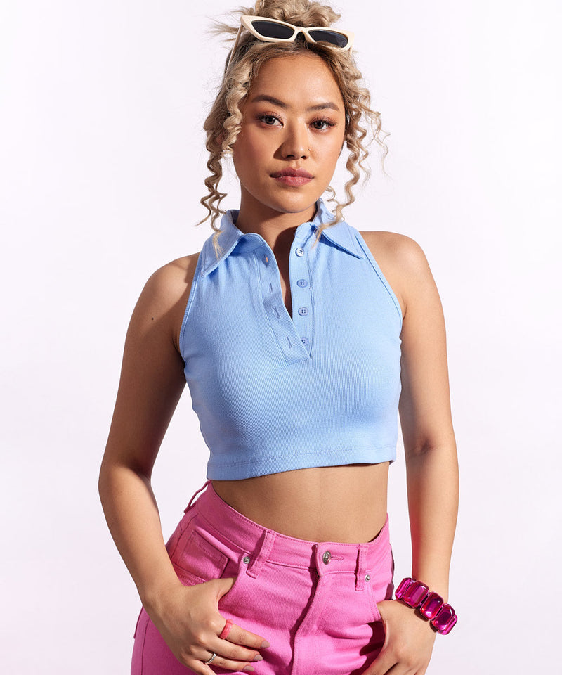 Ribbed Collared Sleeveless Top