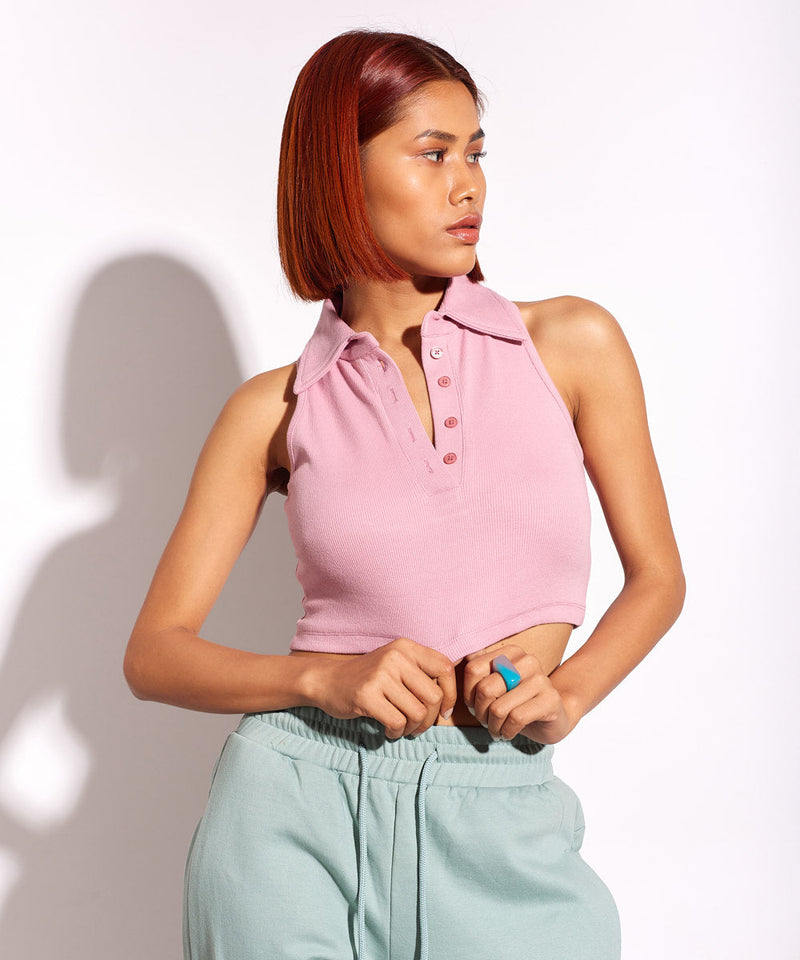 Ribbed Collared Sleeveless Top - Rose pink