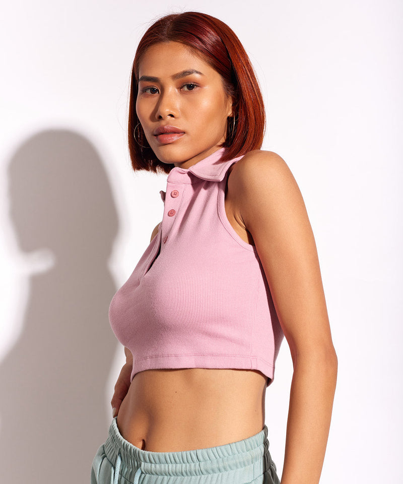 Ribbed Collared Sleeveless Top - Rose pink