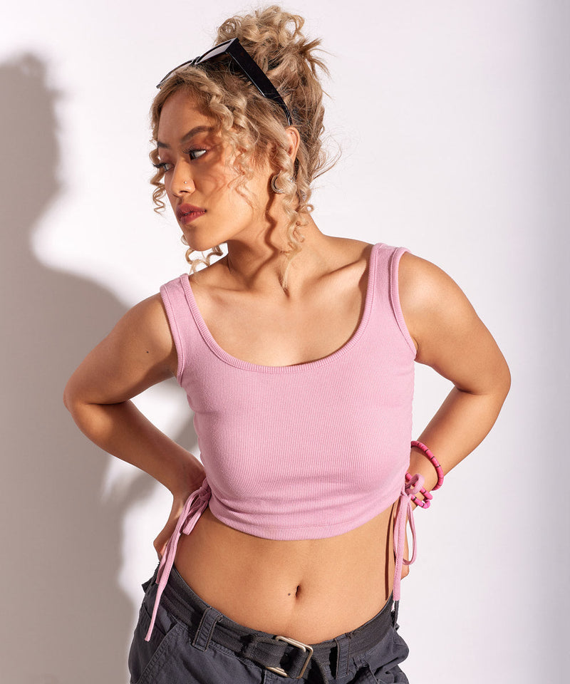 Ribbed String Crop Top - Rose pink