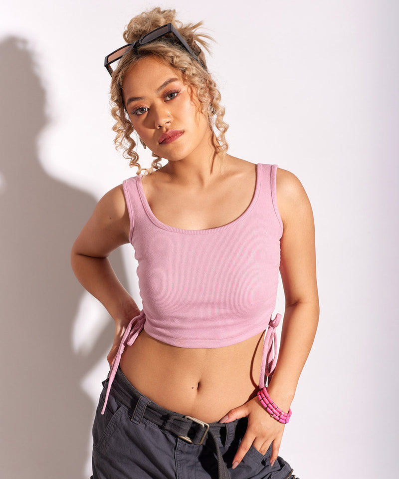 Ribbed String Crop Top - Rose pink