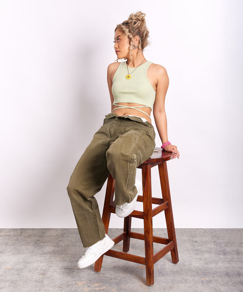 Ribbed tie-detail top - Pastel green