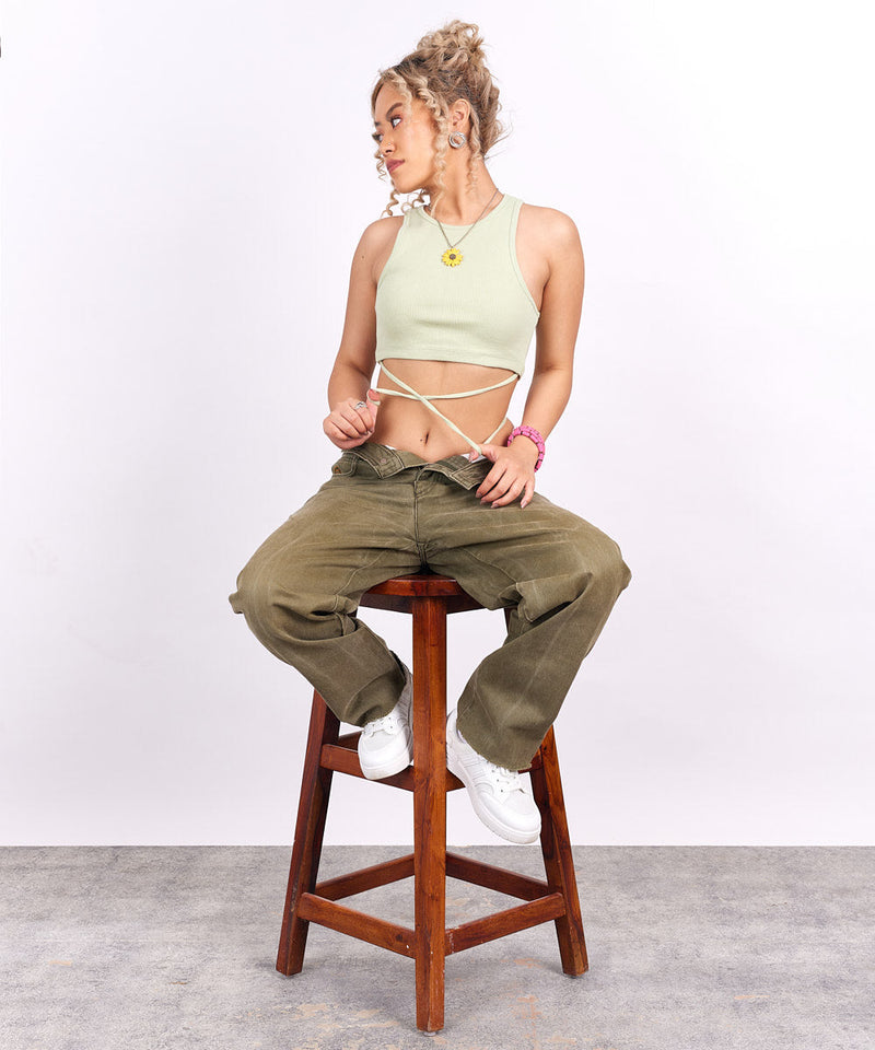 Ribbed tie-detail top - Pastel green