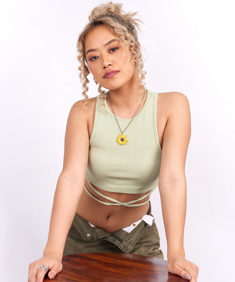 Ribbed tie-detail top - Pastel green