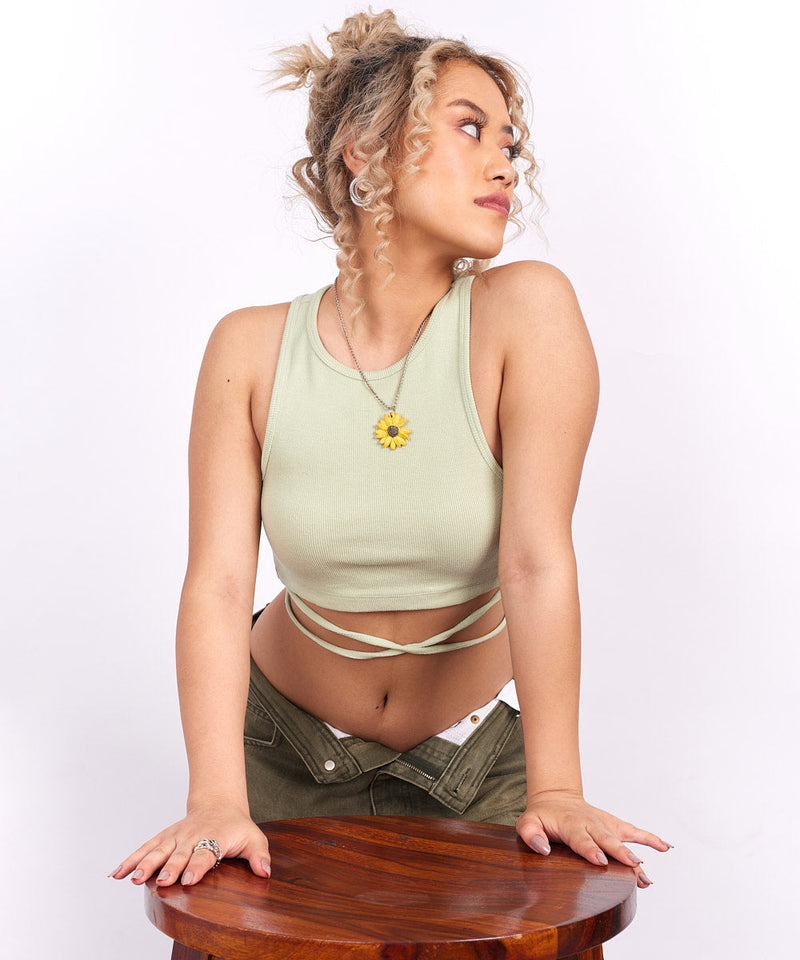Ribbed tie-detail top - Pastel green