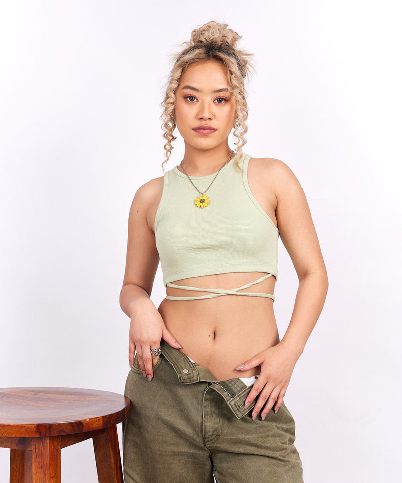 Ribbed tie-detail top - Pastel green