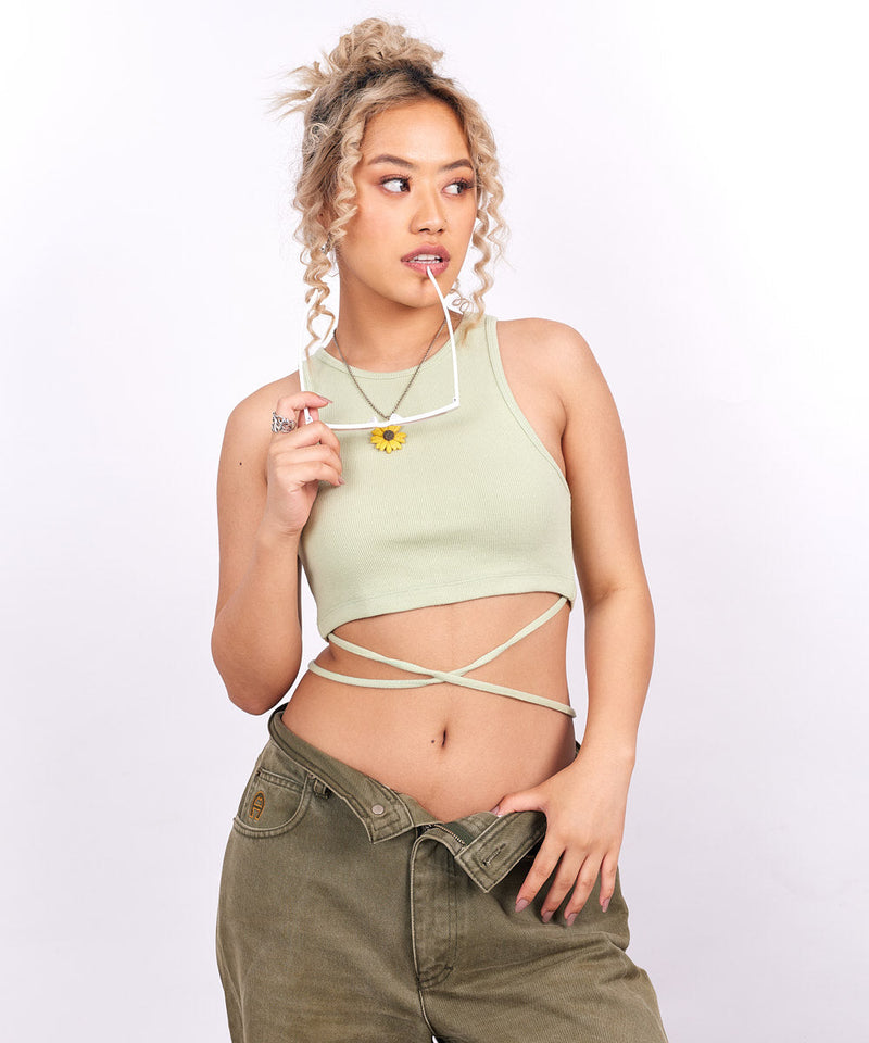 Ribbed tie-detail top - Pastel green