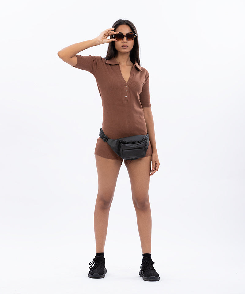 Ribbed Collared Playsuit - Brown