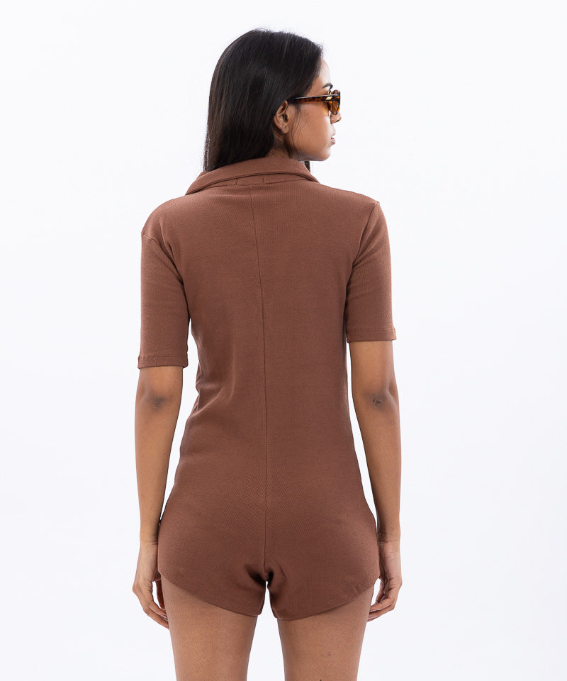 Ribbed Collared Playsuit - Brown