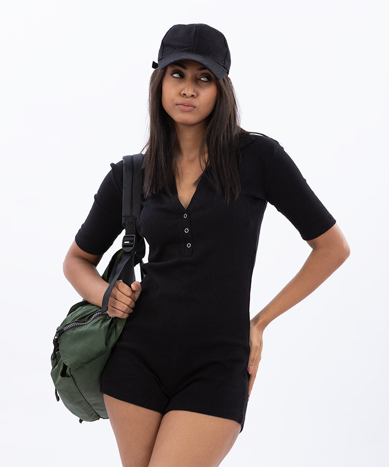 Ribbed Collared Playsuit - Black