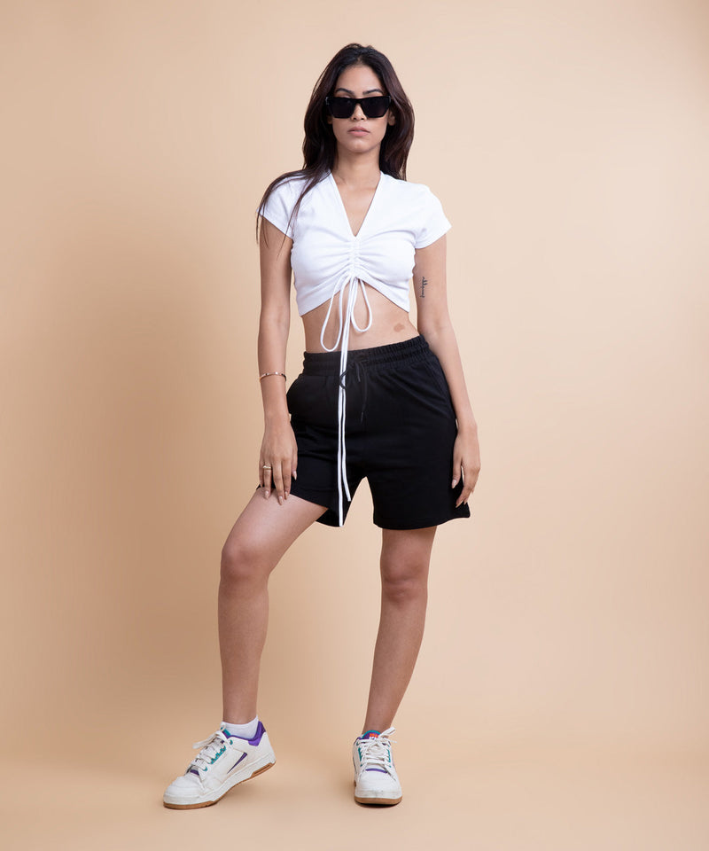 Ribbed Drawstring Half Sleeves Top V-Neck - White