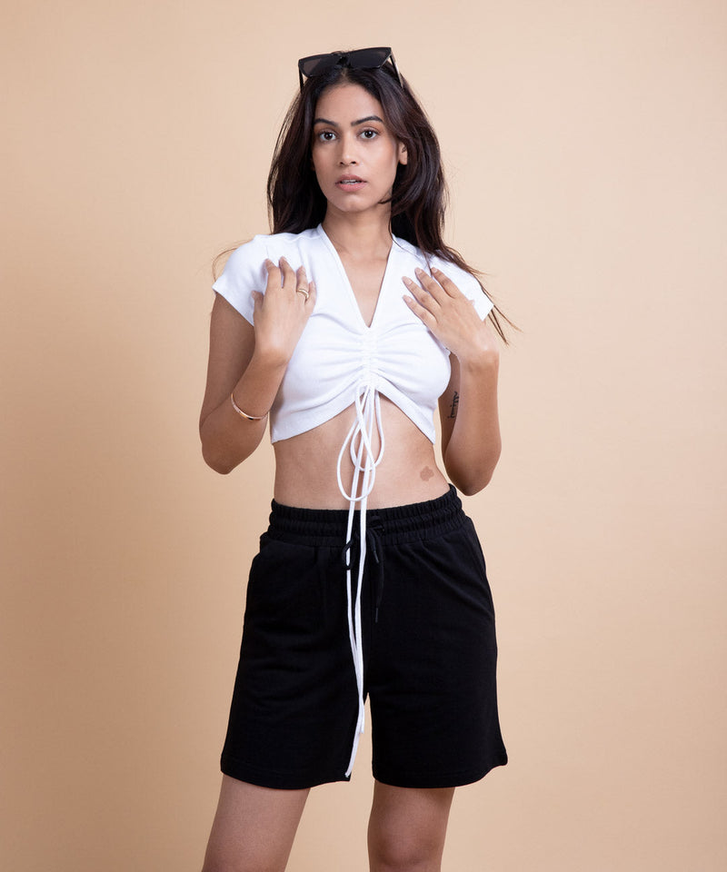 Ribbed Drawstring Half Sleeves Top V-Neck - White