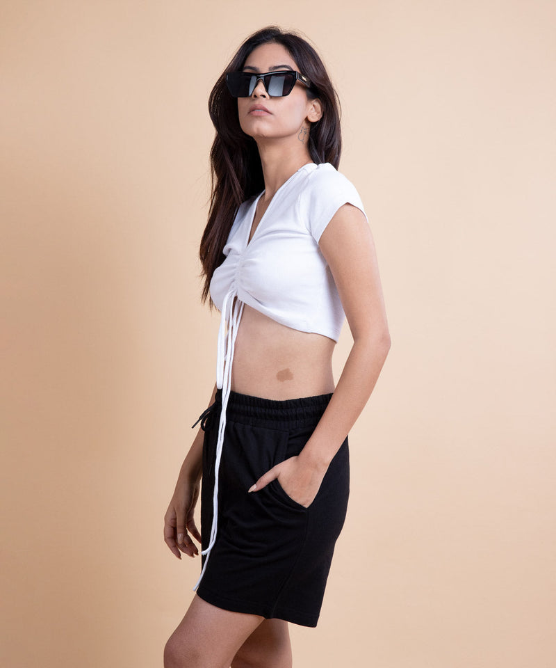 Ribbed Drawstring Half Sleeves Top V-Neck - White