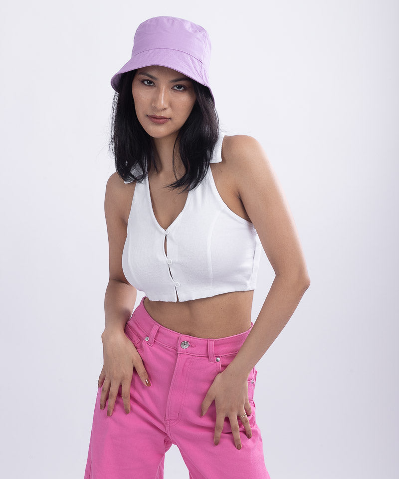 Ribbed Collared HalterNeck Cropped Top - White