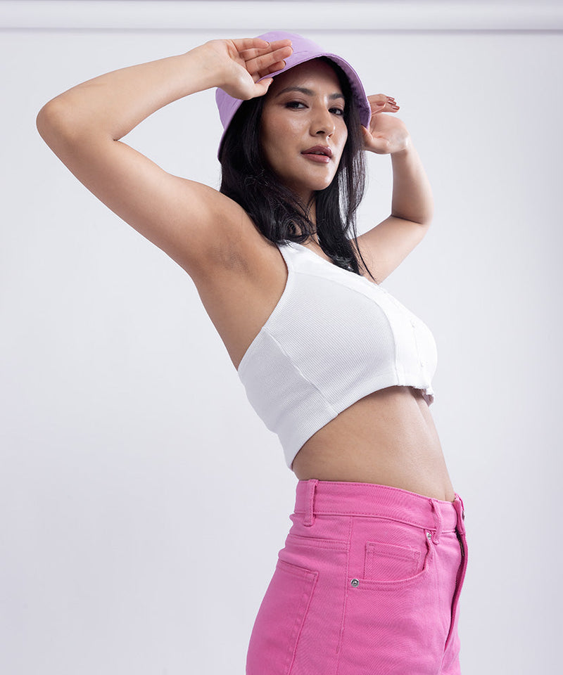 Ribbed Collared HalterNeck Cropped Top - White