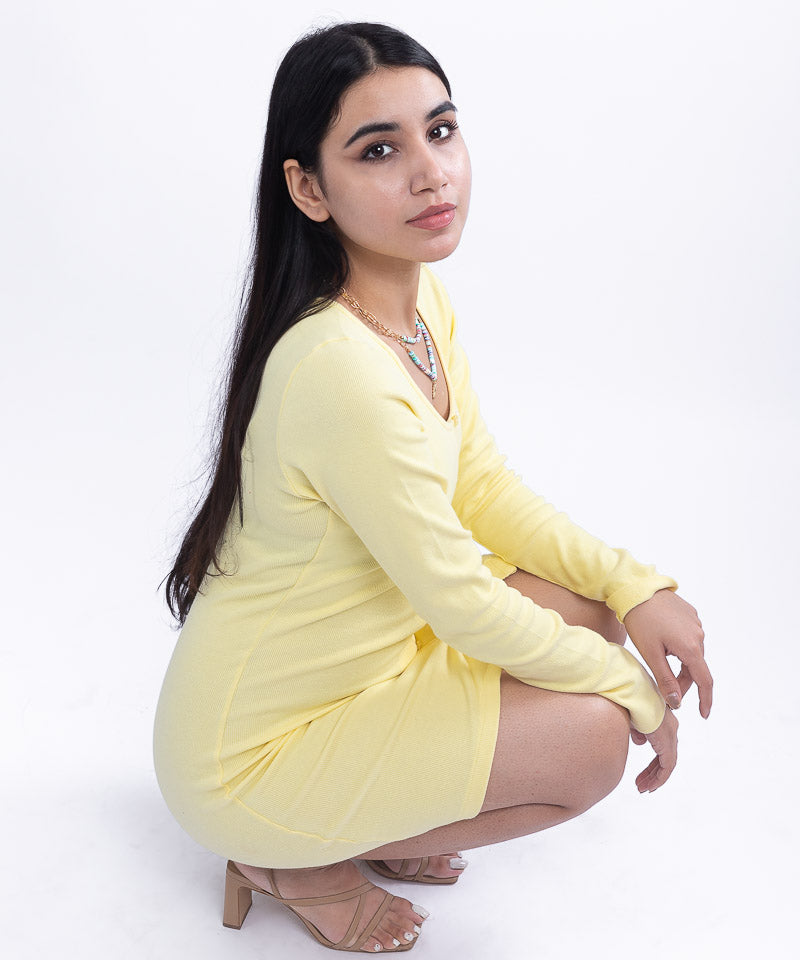 Ribbed Button Down Bodycon Dress - Lemon