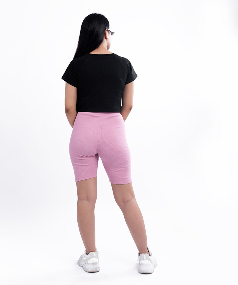 Ribbed long cycling shorts - Rose pink