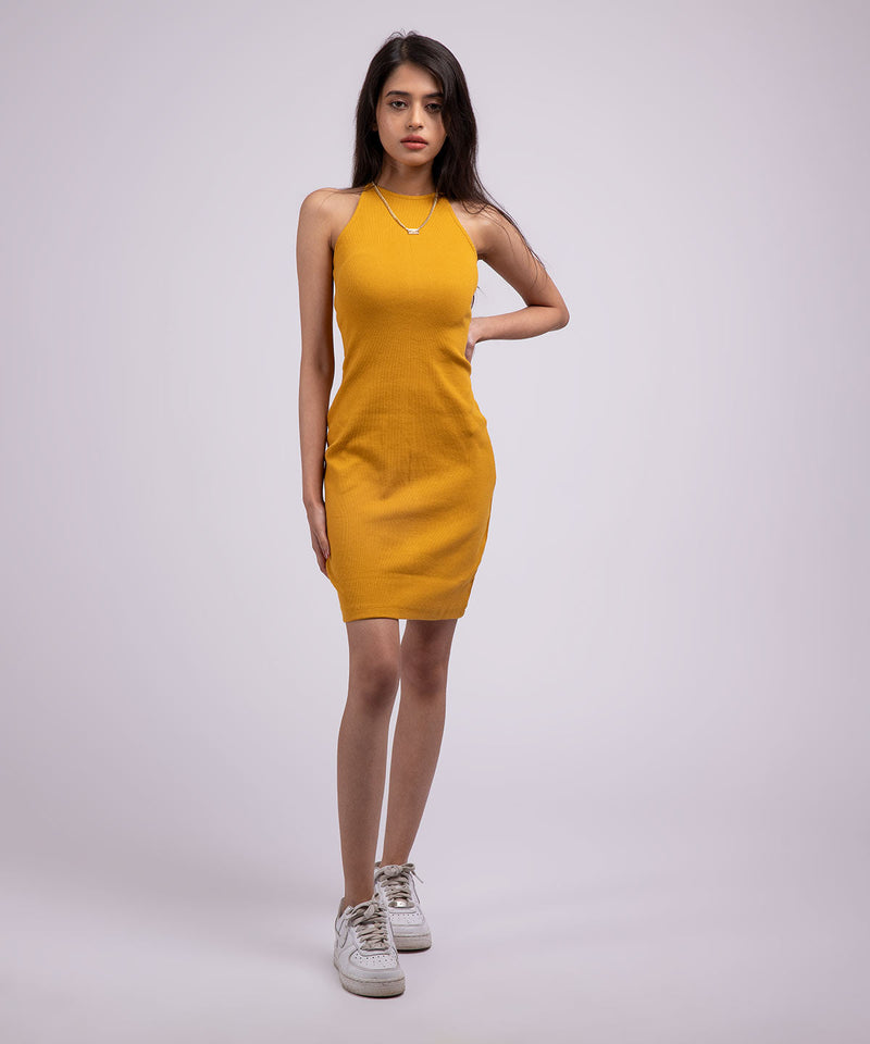 Ribbed Tie Detail Backless Bodycon Dress - Mustard