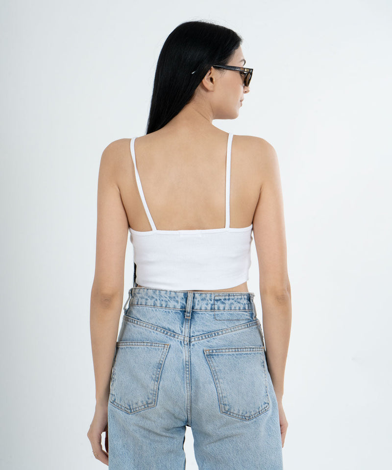 Ribbed Shoulder Strap V-Neck - White