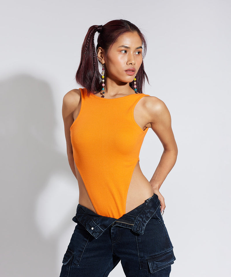 Ribbed Wide Shoulder Thong Body Suit - Neon- orange