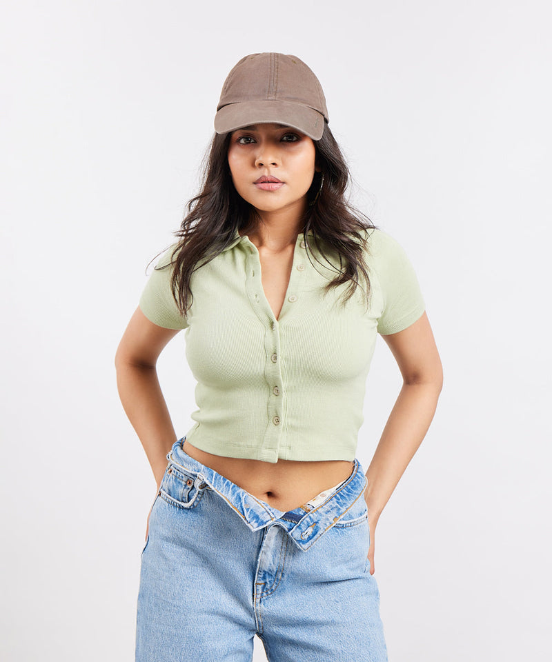 Ribbed Collared Half Sleeves Button Top - Pastel green