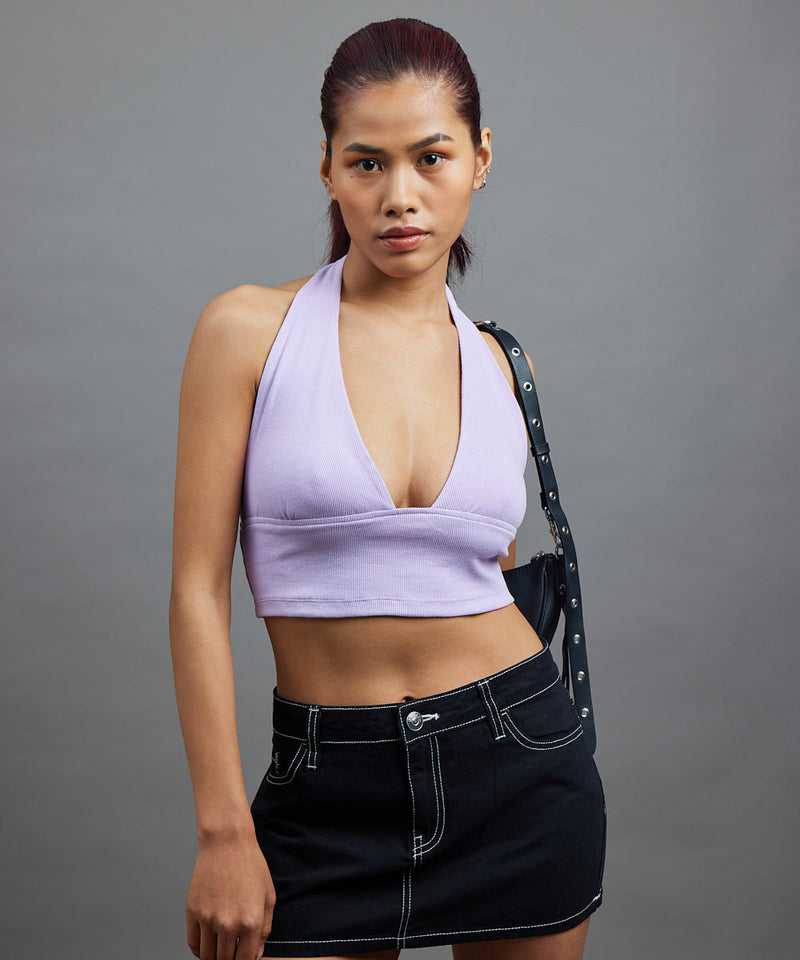 Ribbed Criss Cross Halter Top - Lilac