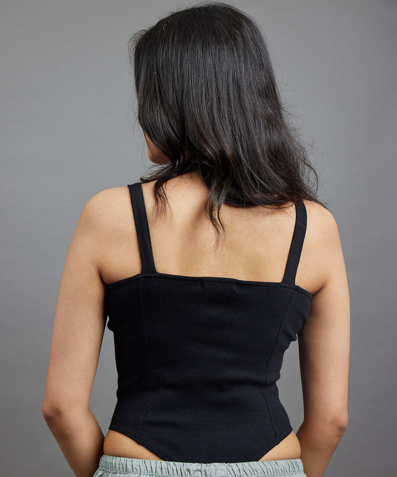 Ribbed Square Neck Thong Body Suit -Black