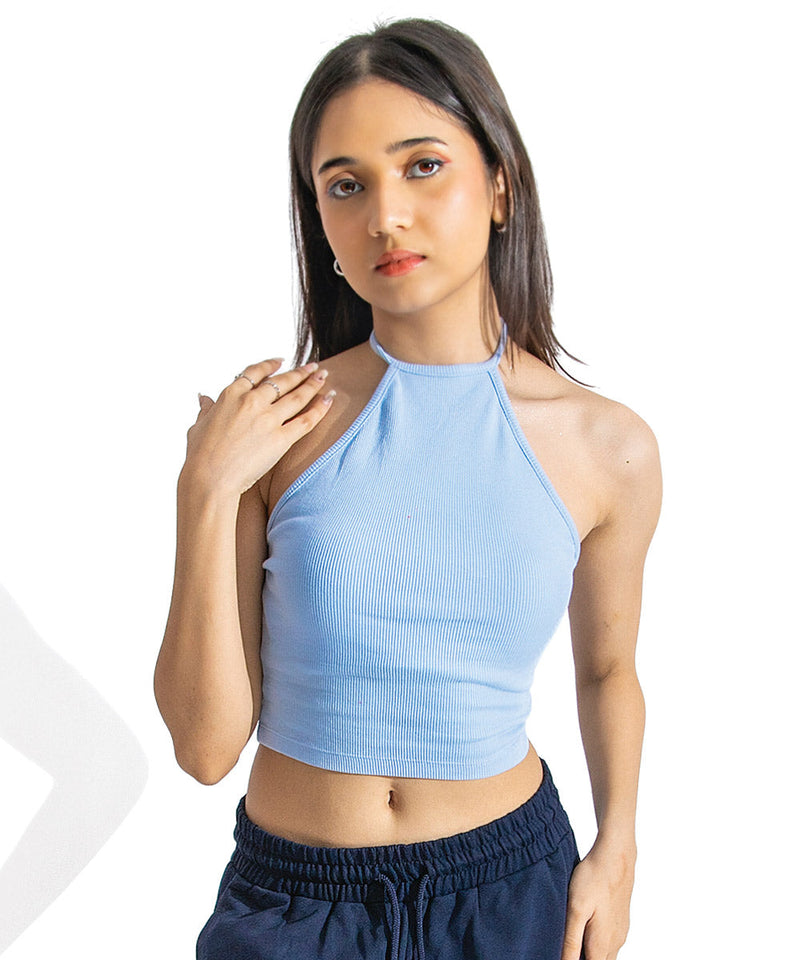 Ribbed Knitted Top - Light blue