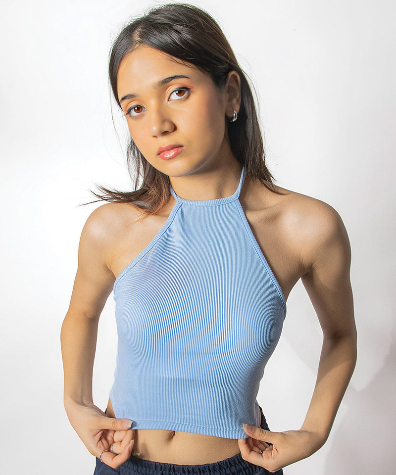 Ribbed Knitted Top - Light blue