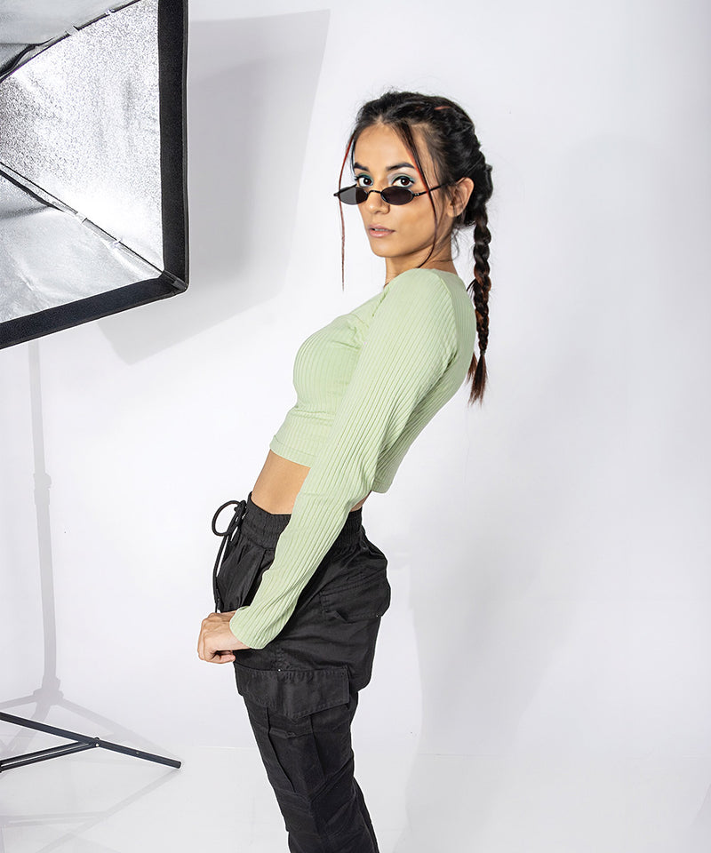 Ribbed squareneck full sleeves top - light pastel green
