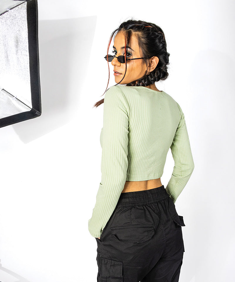 Ribbed squareneck full sleeves top - light pastel green