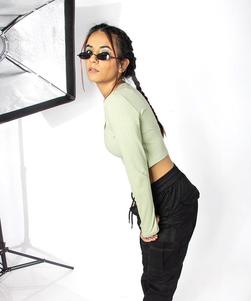 Ribbed squareneck full sleeves top - light pastel green
