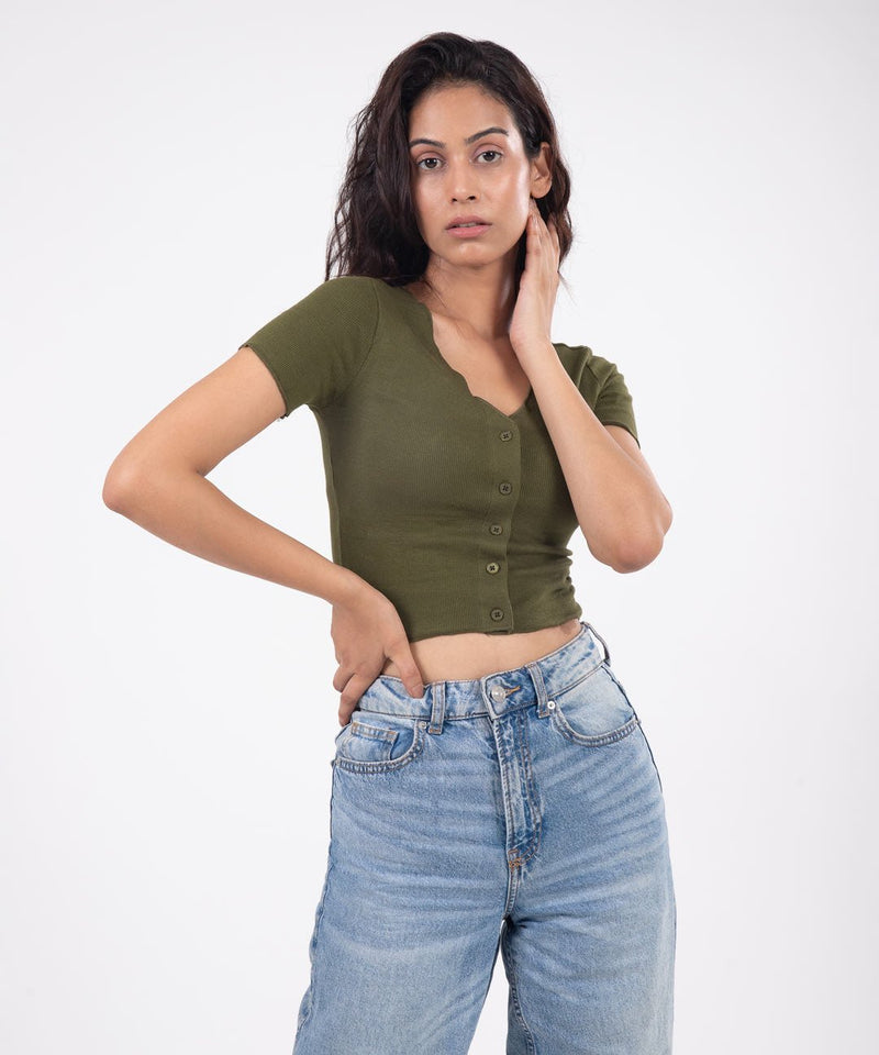 Ribbed Button Top - Olive Green - TheBTclub