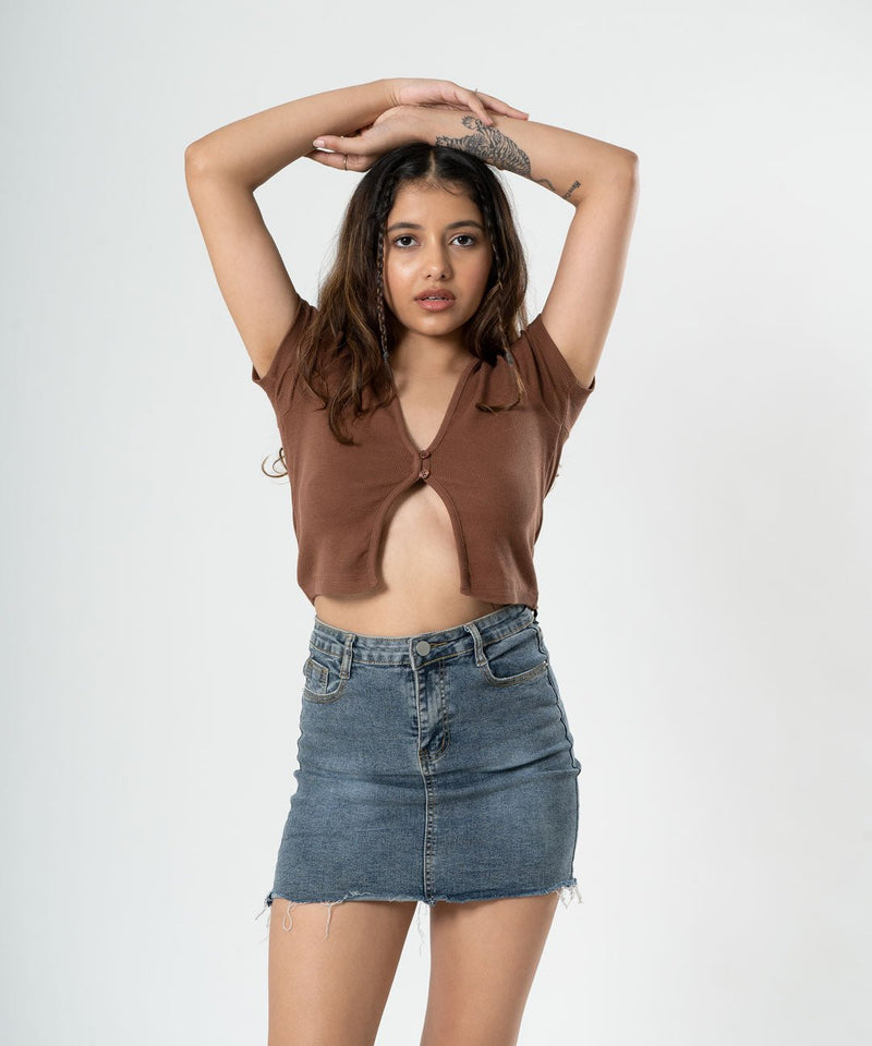 Ribbed Button Top V-Neck - Brown