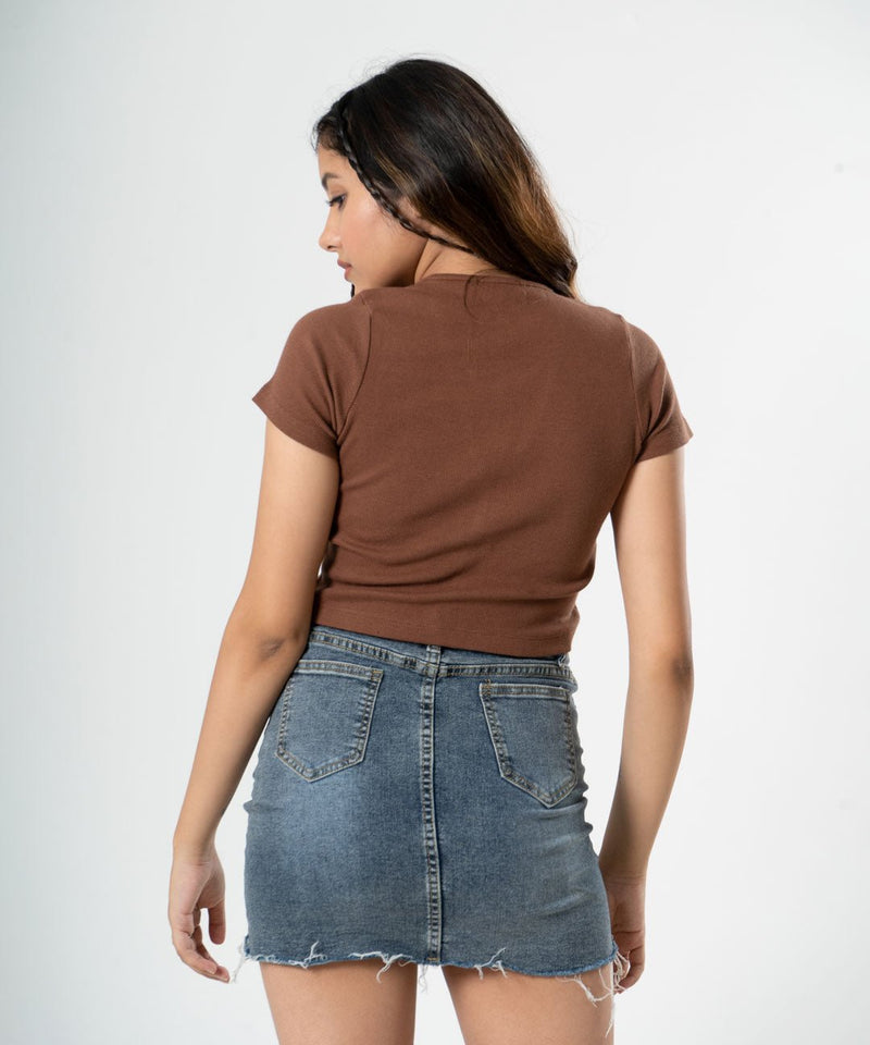 Ribbed Button Top V-Neck - Brown