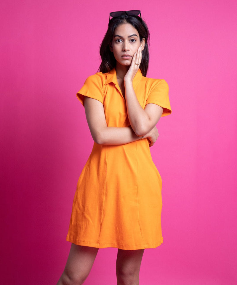 Ribbed Collar Flared Skirt Dress - Neon Orange - TheBTclub