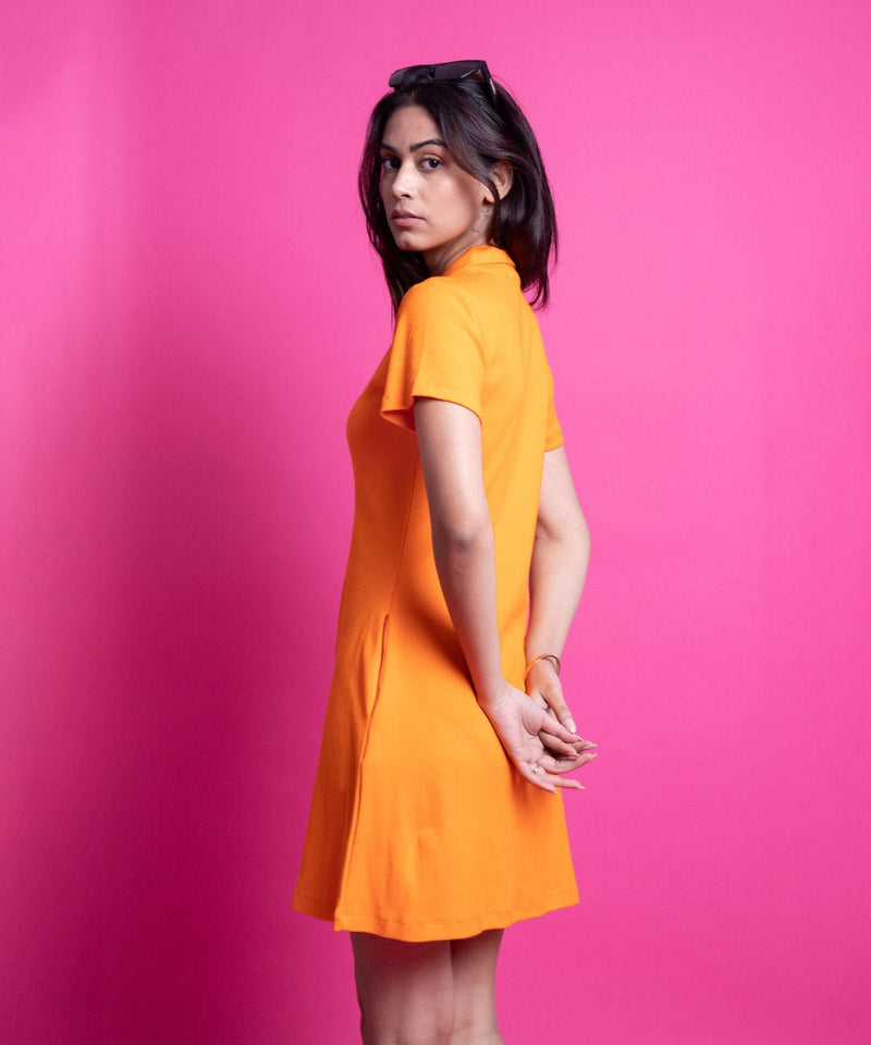 Ribbed Collar Flared Skirt Dress - Neon Orange - TheBTclub