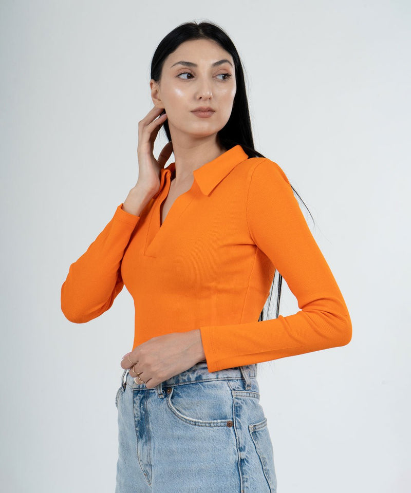 Ribbed Collared Full Sleeves Top - Neon orange